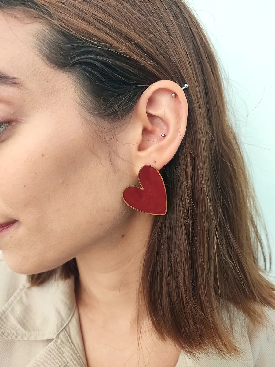EARRINGSKAA-0001 Ατσάλινα Σκουλαρίκια Καρδιά σε Κόκκινο & Χρυσό | Heartbeat Jewelry Collection | CHRISARTI