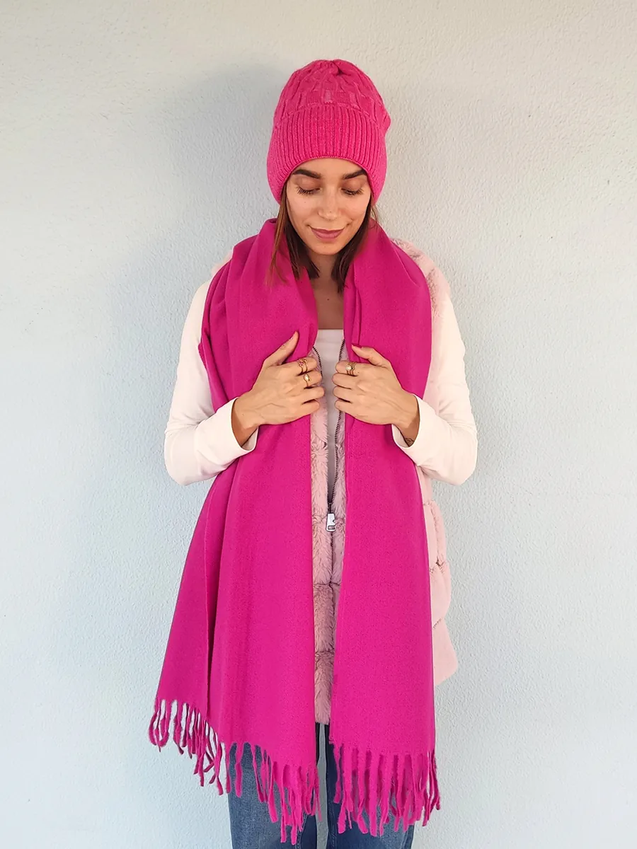 Μονόχρωμη Φούξια Πασμίνα - Κασκόλ με Κρόσια | CHRISARTI