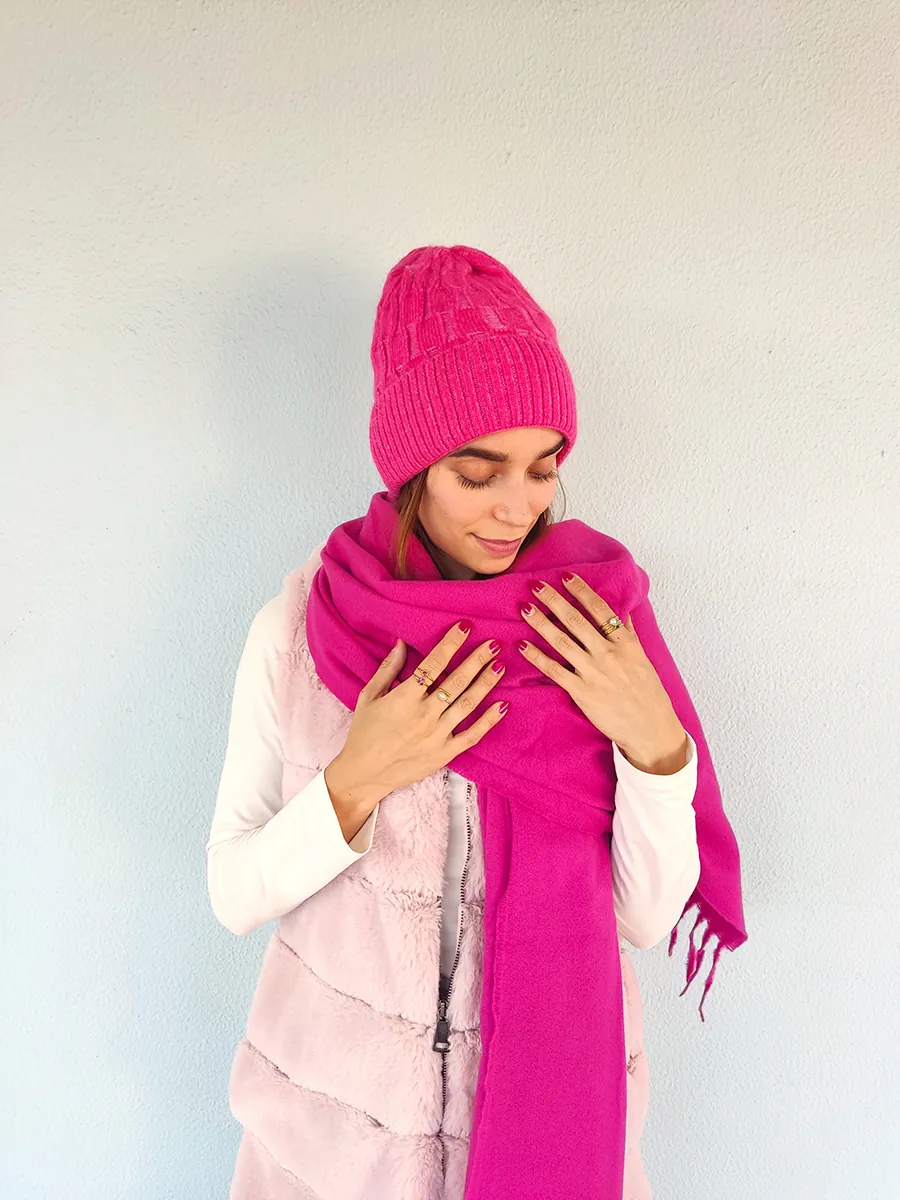 Μονόχρωμη Φούξια Πασμίνα - Κασκόλ με Κρόσια | CHRISARTI