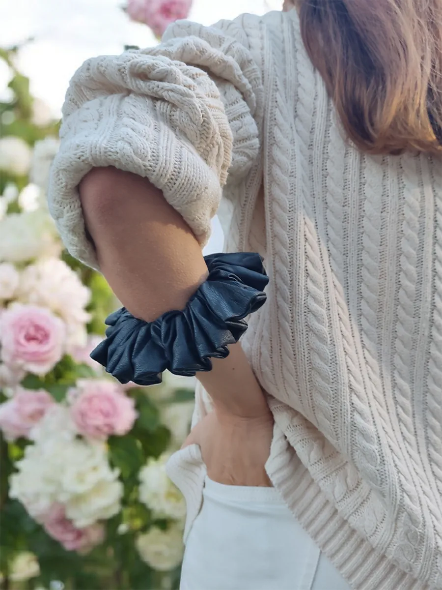 Scrunchie Λάστιχο μαλλιών δερματίνης μαύρο Large