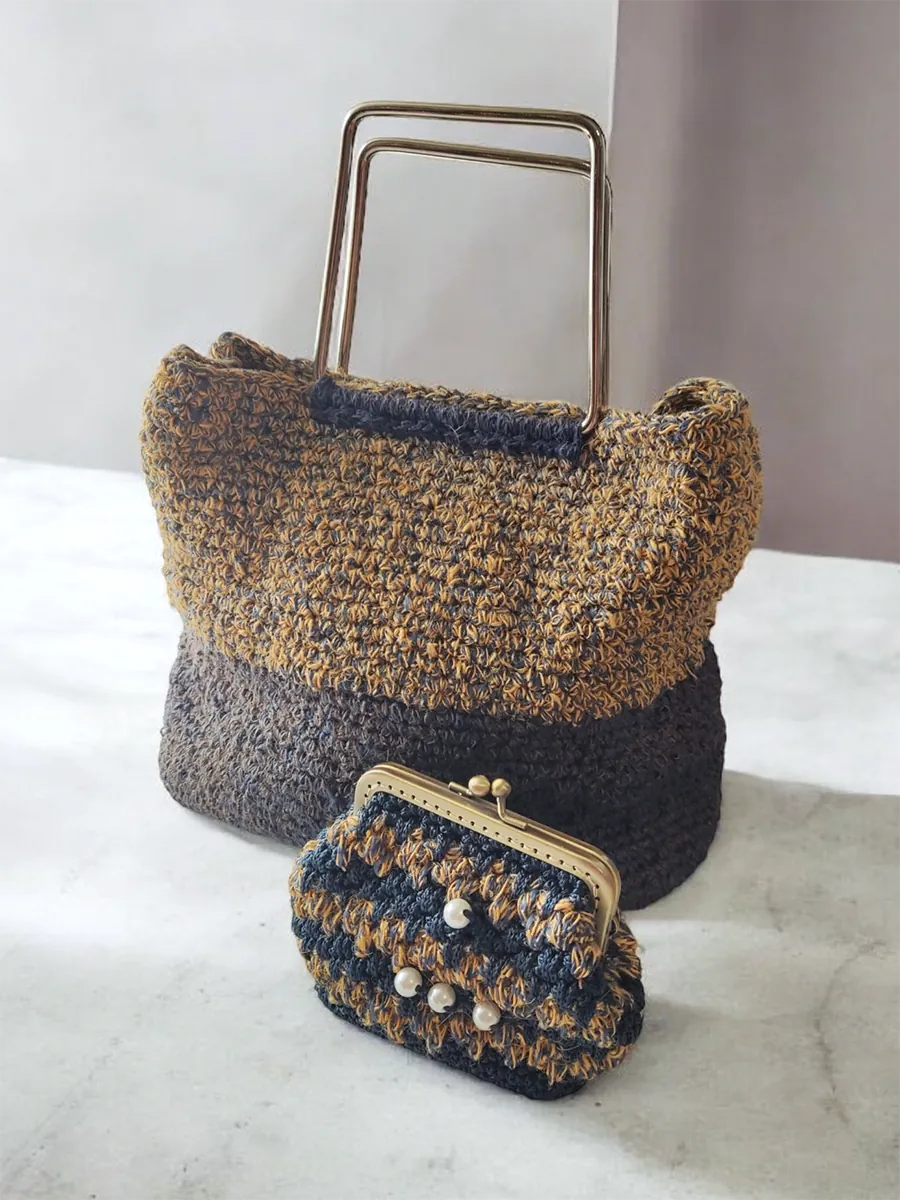 Τσάντα δίχρωμη με ορθογώνια χερούλια μπλε μπεζ