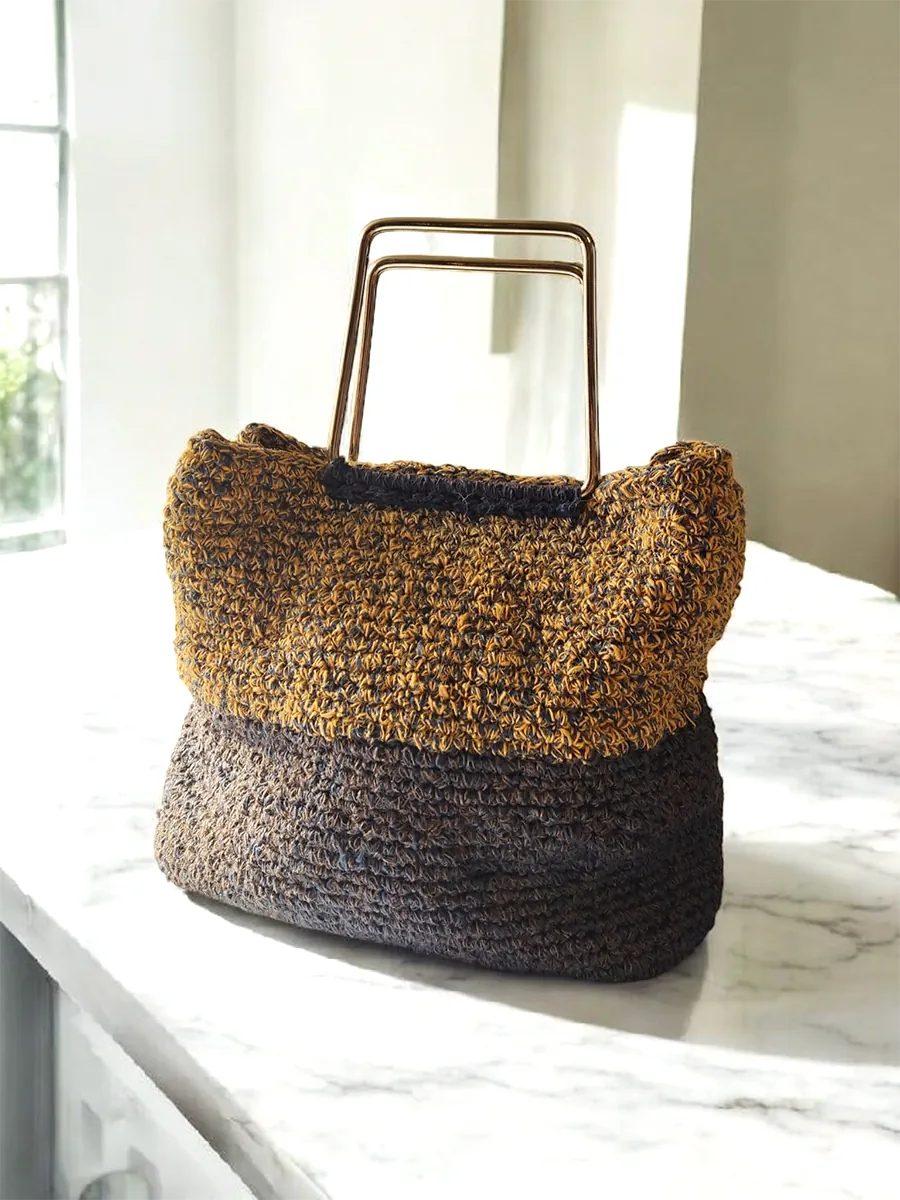 Τσάντα δίχρωμη με ορθογώνια χερούλια μπλε μπεζ