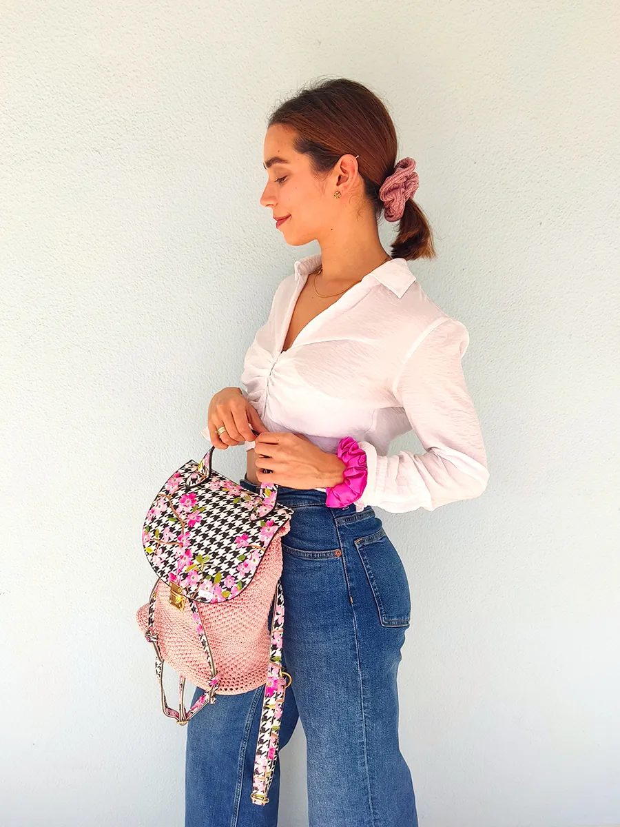 BAG-0033 (2) Χειροποίητη Τσάντα - Σακίδιο Πλάτης με Floral Σχέδιο σε Φούξια Χρώμα | CHRISARTI