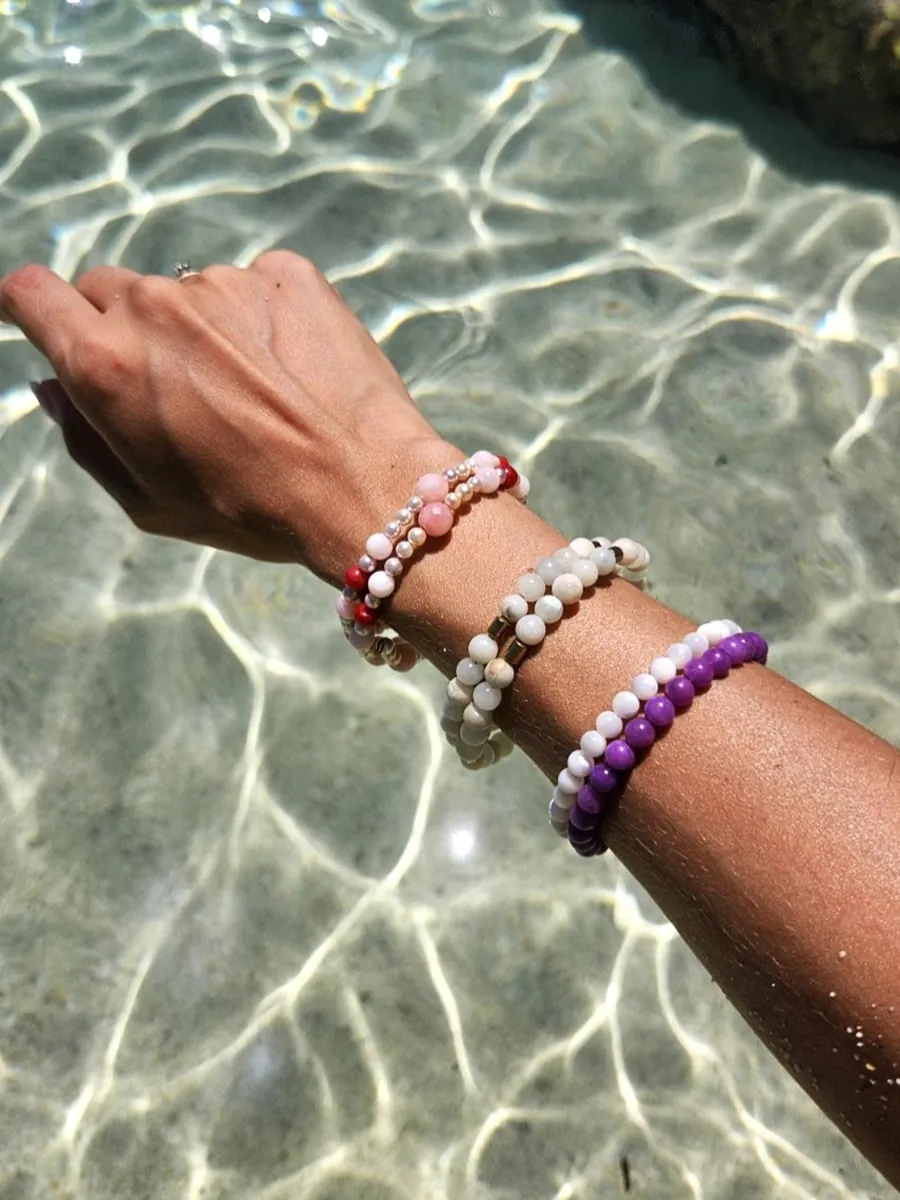 BRACELET-0028 Βραχιόλι με σύρμα μνήμης φίλντισι & νεφρίτη λευκό ροζ / 2 σειρές