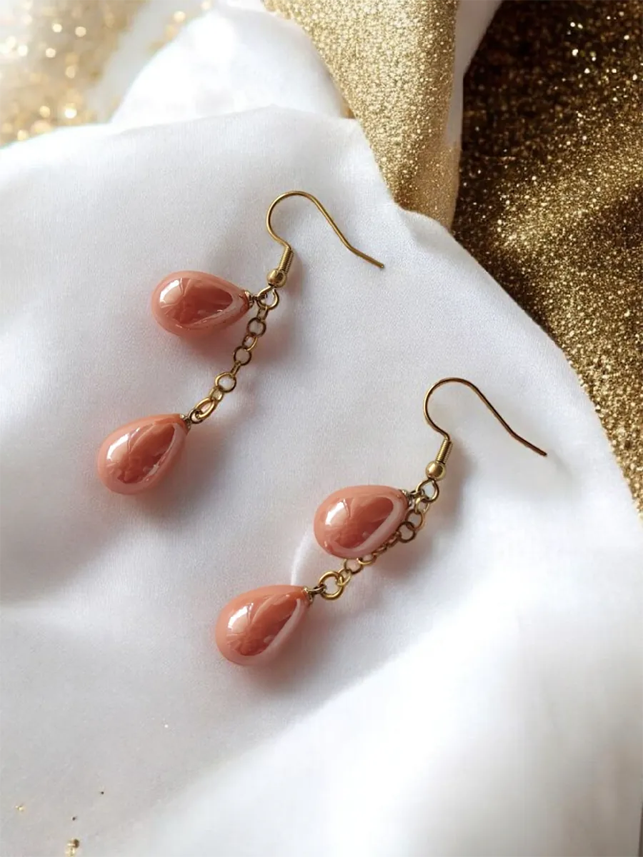 Χειροποίητα Κρεμαστά Ατσάλινα Σκουλαρίκια με Κοραλί Δάκρυα | CHRISARTI