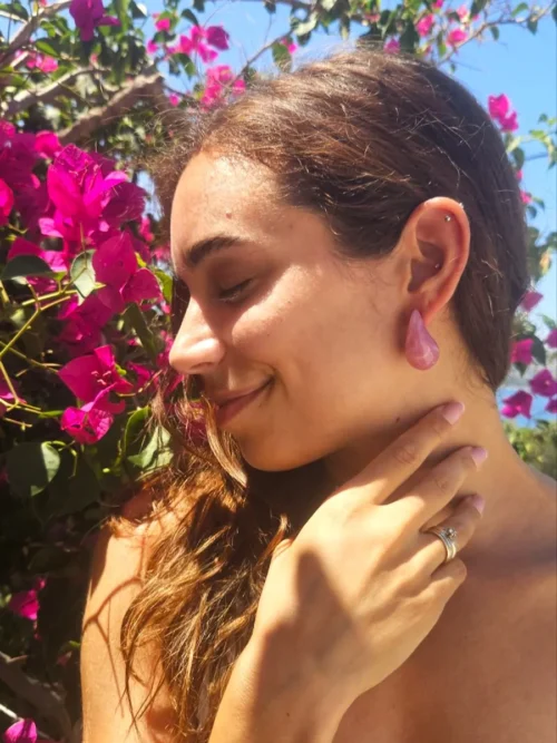 EARRINGKRF-0038 Ατσάλινα Σκουλαρίκια Σταγόνα σε Ροζ με Λευκά Νερά | CHRISARTI