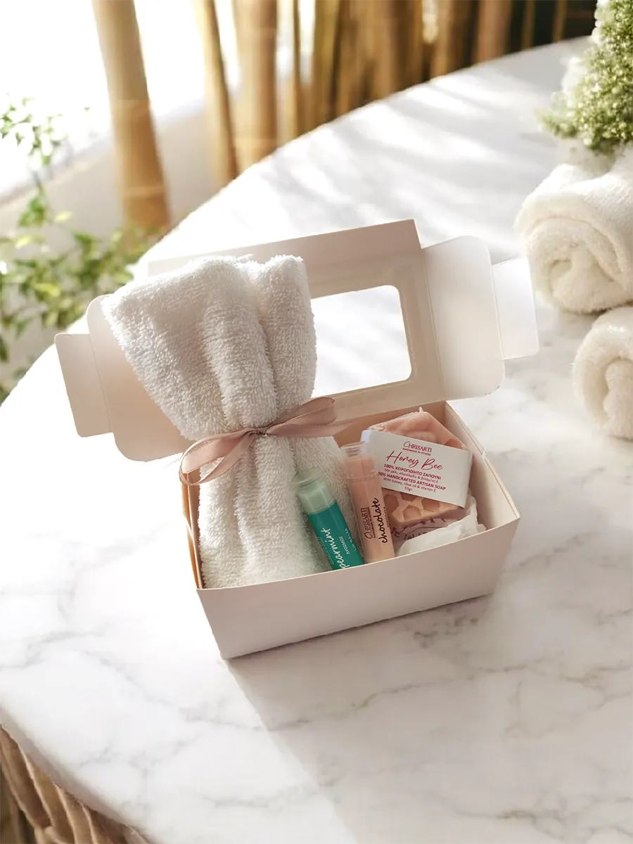 GIFTSET-0002 (2) Sweet Fresh Glow Set | 2 Lip Balms, Χειροποίητο Σαπούνι & Πετσέτα Προσώπου | CHRISARTI