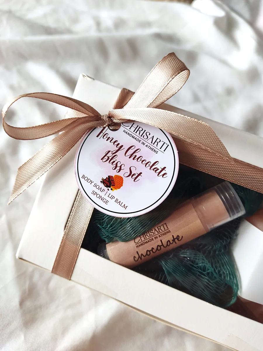 Honey Chocolate Bliss Set | Σετ με χειροποίητο lip balm & σαπούνι μαζί με σφουγγάρι | CHRISARTI