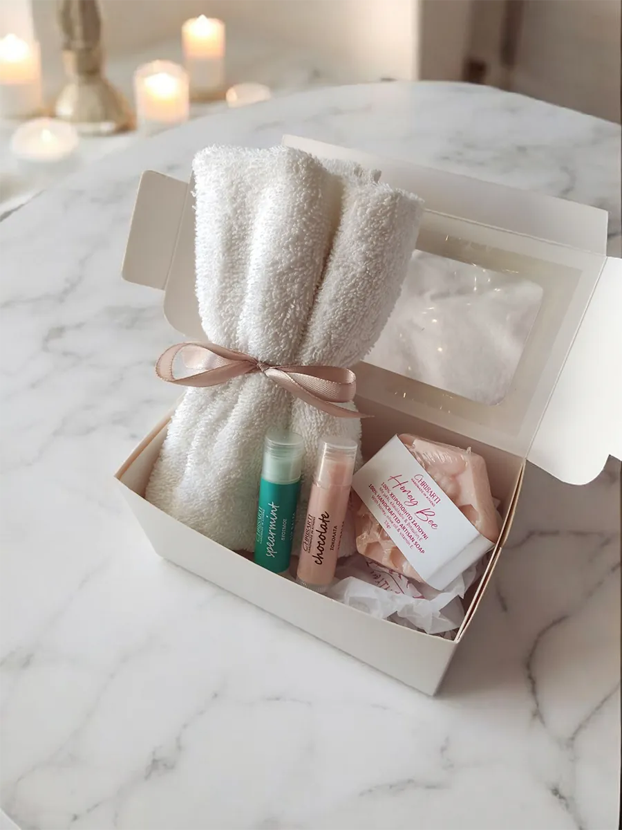 GIFTSET-0002 (3) Sweet Fresh Glow Set | 2 Lip Balms, Χειροποίητο Σαπούνι & Πετσέτα Προσώπου | CHRISARTI