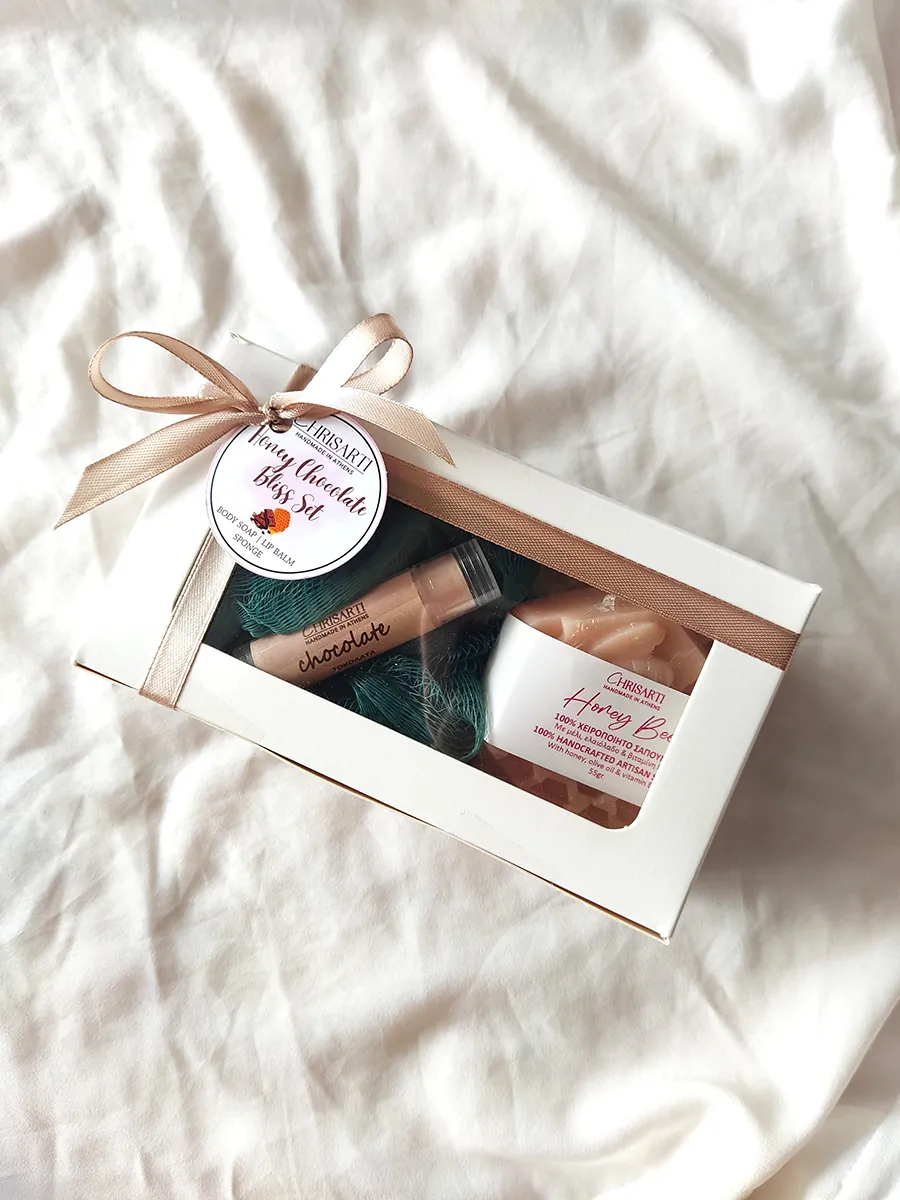 Honey Chocolate Bliss Set | Σετ με χειροποίητο lip balm & σαπούνι μαζί με σφουγγάρι | CHRISARTI