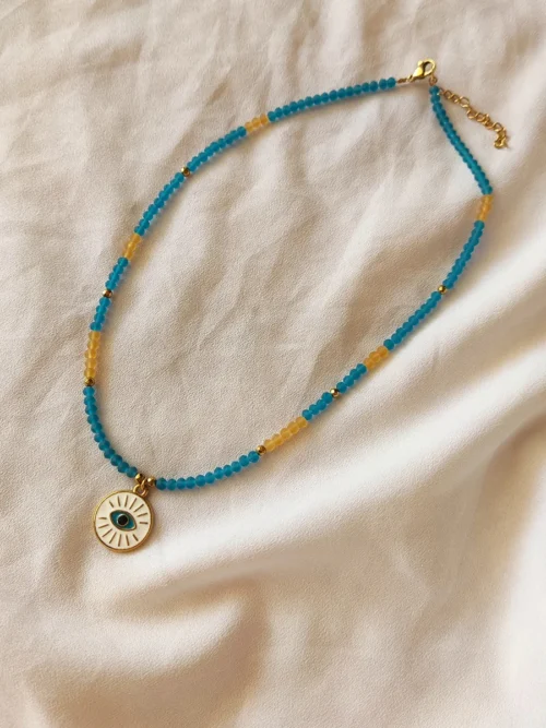 Χειροποίητο Κολιέ με Ατσάλινο Μάτι και Χάντρες σε Πετρόλ & Καφέ Ματ Αποχρώσεις | CHRISARTI