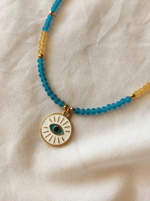 Χειροποίητο Κολιέ με Ατσάλινο Μάτι και Χάντρες σε Πετρόλ & Καφέ Ματ Αποχρώσεις | CHRISARTI