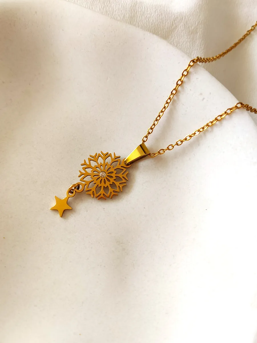 Χειροποίητο Ατσάλινο Χριστουγεννιάτικο Κολιέ με Νιφάδα & Χρυσό Αστεράκι | CHRISARTI