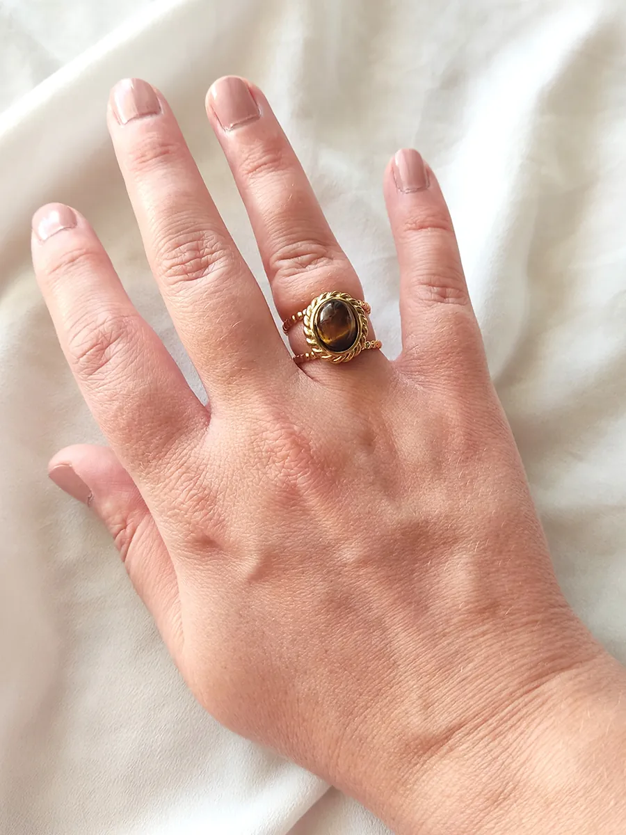 Ατσάλινο Επιχρυσωμένο Δαχτυλίδι με Οβάλ Πέτρα Μάτι της Τίγρης | CHRISARTI