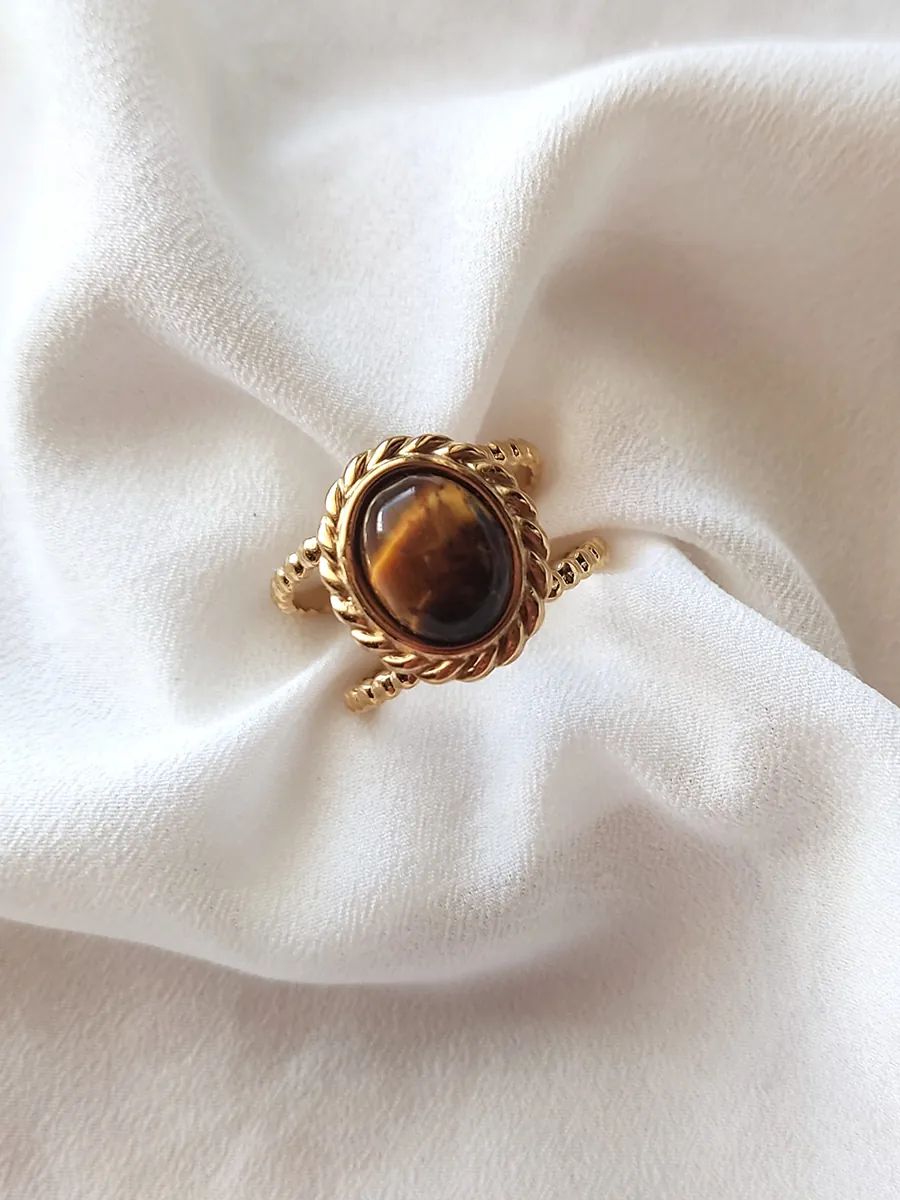 Ατσάλινο Επιχρυσωμένο Δαχτυλίδι με Οβάλ Πέτρα Μάτι της Τίγρης | CHRISARTI