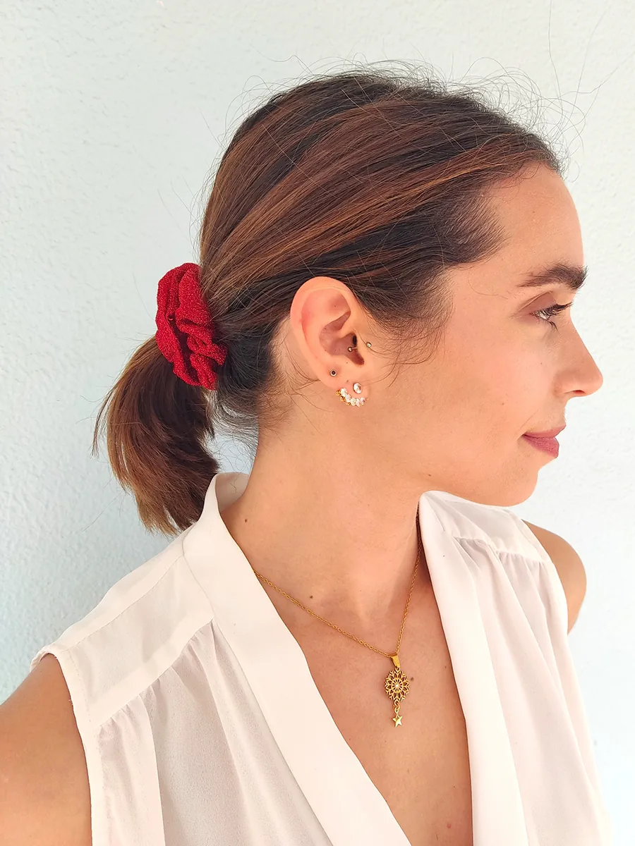 SCRUNCHIES-0022 (2) Scrunchie Λάστιχο μαλλιών κόκκινο glitter 2 μεγέθη