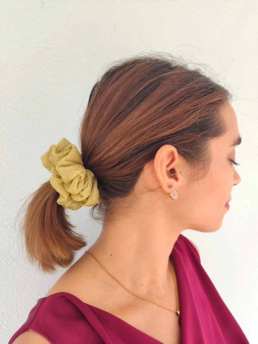 SCRUNCHIES-0023 (3) Scrunchie Λάστιχο μαλλιών χρυσό glitter 3 μεγέθη