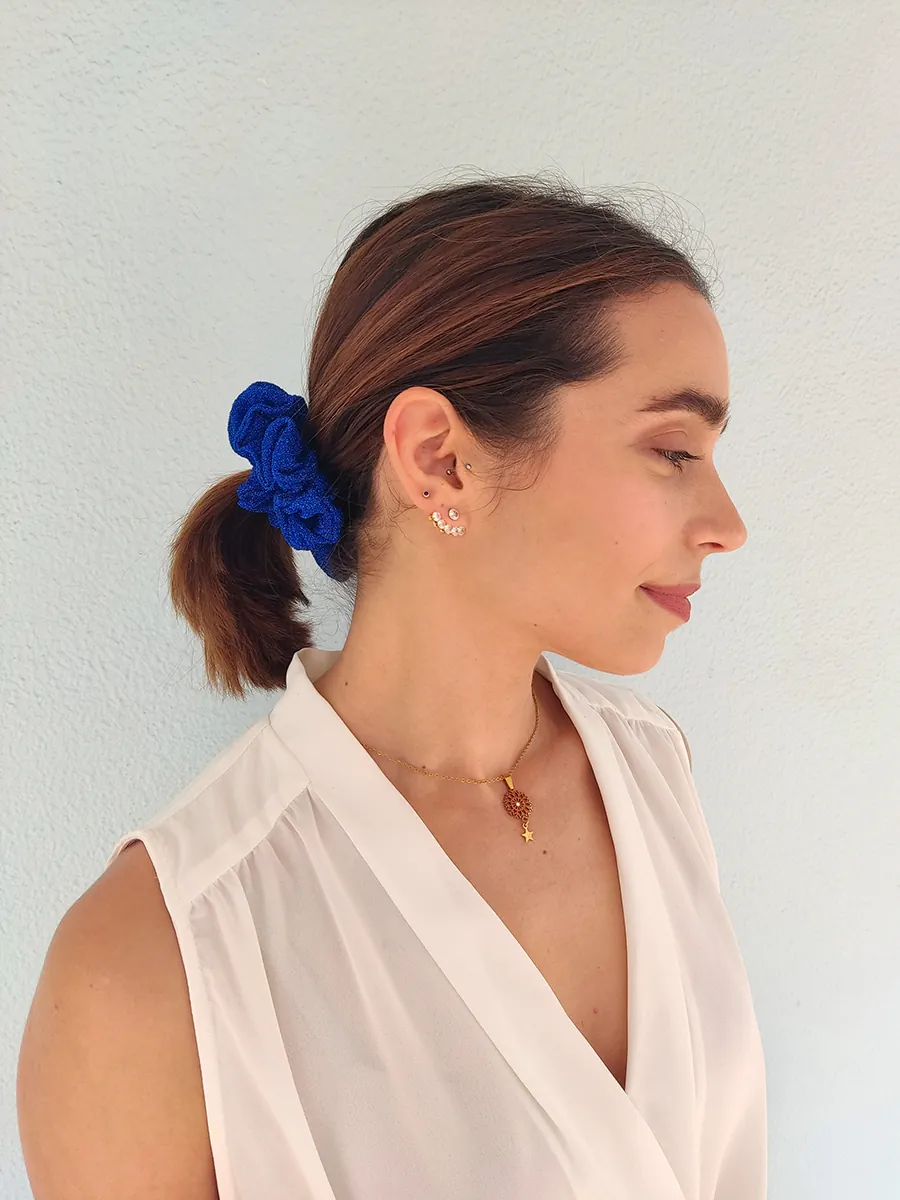 Scrunchie Λάστιχο μαλλιών μπλε ηλεκτρίκ glitter 2 μεγέθη