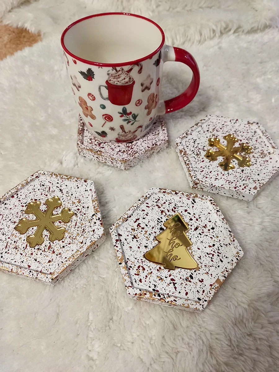 XMAS24-0001 Κεραμικά Χριστουγεννιάτικα Σουβέρ Εξάγωνα με Χριστουγεννιάτικα Σχέδια - 2 τεμ | CHRISARTI