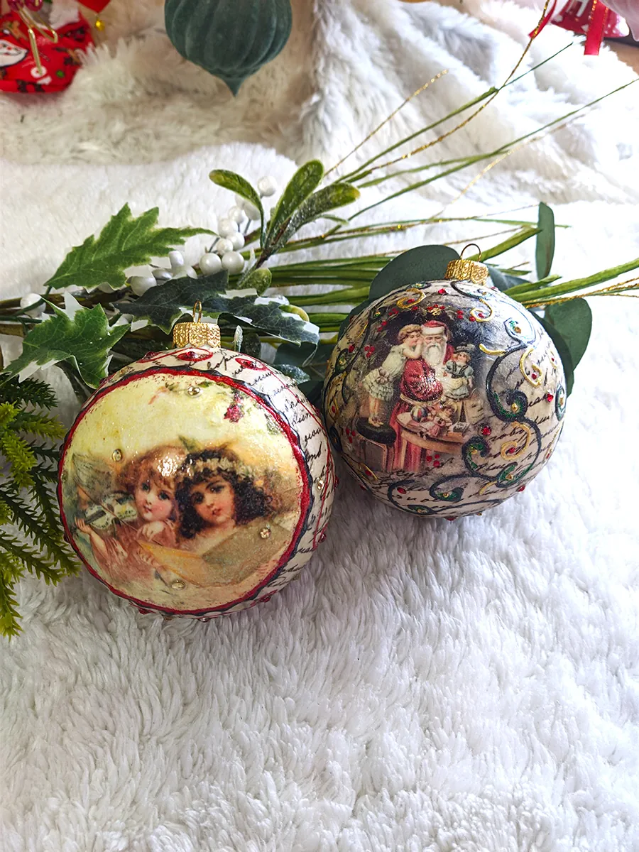 Σετ 2 Άθραυστες Χριστουγεννιάτικες Vintage Μπάλες Plexiglass – άθραυστες χριστουγεννιάτικες vintage μπάλες Άγιος Βασίλης και Άγγελοι 10cm | CHRISARTI