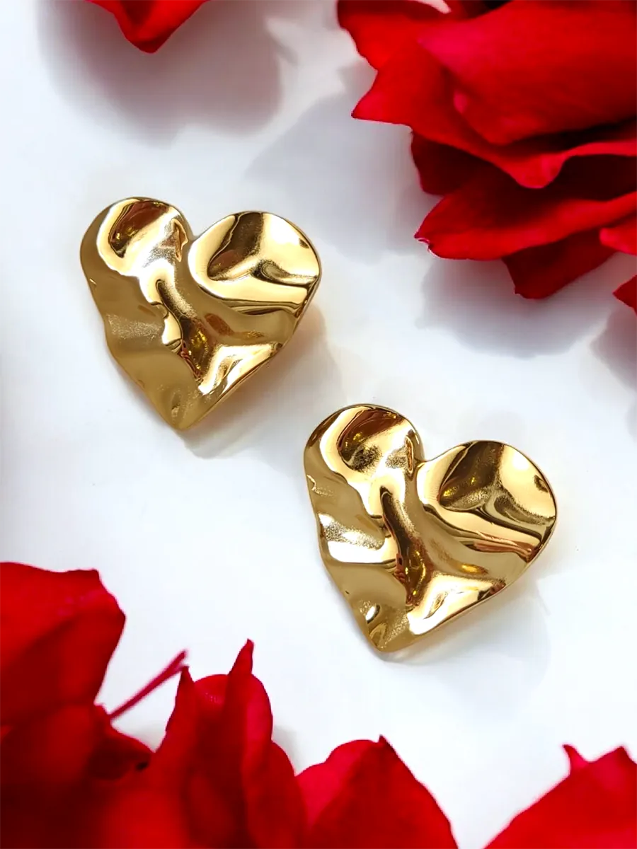 Ατσάλινα Σκουλαρίκια Χρυσή Τσαλακωμένη Καρδιά | Heartbeat Collection | CHRISARTI