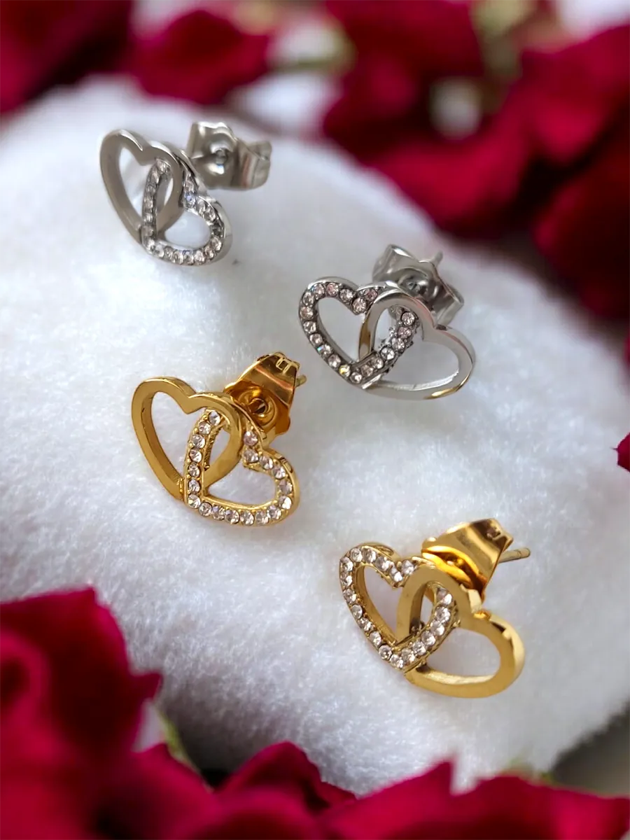 Σκουλαρίκια ατσάλινα καρφάκια μικρές διπλές καρδιές - 2 χρώματα